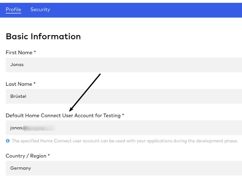 Screenshot Home Connect profile page