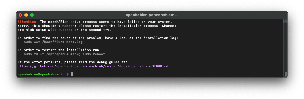 openHABian installation failed warning and instructions